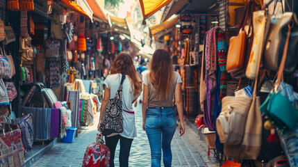 A photo of friends exploring colorful markets and historic landmarks in a charming old town happiness, love and harmony - obrazy, fototapety, plakaty