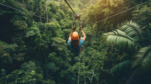 A photo of friends zip-lining through a lush jungle canopy, experiencing the thrill of adrenaline-pumping activities happiness, love and harmony
