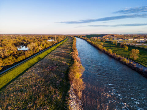 Beautiful landscape of Sava river embankment on the eastern part of Zagreb city, Croatia, photographed with drone at sunset