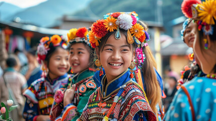 A photo of friends attending a traditional cultural festival, immersing themselves in local customs and traditions happiness, love and harmony