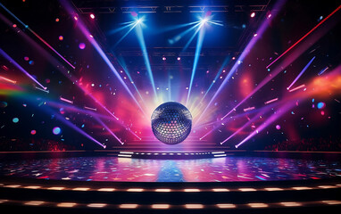 Concert stage in disco style with colorful lights and shimmering disco ball on the stage 
