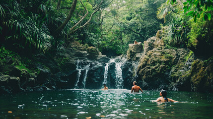 A photo of friends exploring hidden waterfalls and swimming in natural pools in a lush rainforest happiness, love and harmony