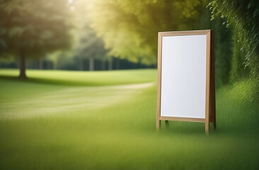 Blank yard sign on green grass. Yard sign mockup in the park