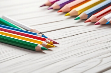Fototapeta premium Colorful pencils on white wood background with copy space