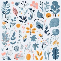 A collection of seamless pattern, colorful abstract plants and flowers. Hand drawn Collection of leaves and flowers. A close up of a pattern of flowers and leaves.
