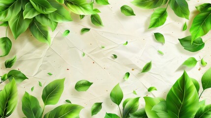 Top view illustration green leaves frame on white paper texture background. AI generated image