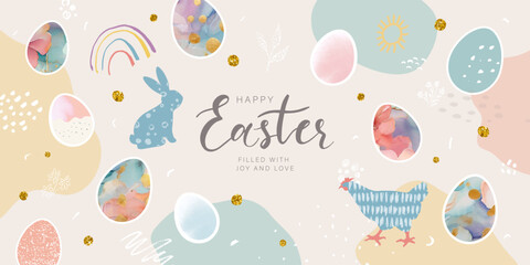 Happy Easter banners. Trendy Easter design with decorated eggs,chicken, flowers,doodles and bunny in pastel colors. Modern style. Horizontal poster, greeting card,design for website. Vector