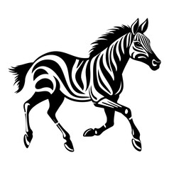 Zebra running fast in gallop, black vector isolated against white background 
