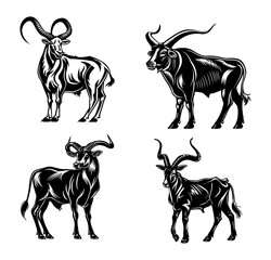 Set of four Majestic Addax bull with sweeping horns, black vector isolated against white background 