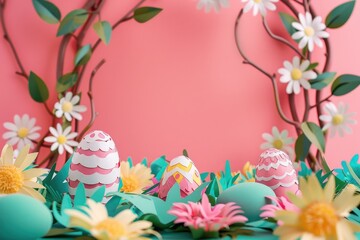 Easter eggs with daisies and sunflowers on an pink background