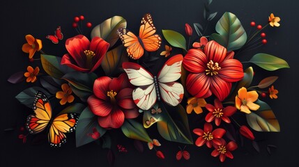 A bunch of paper flowers and butterflies on a black background