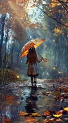 A little girl holding an umbrella in the rain