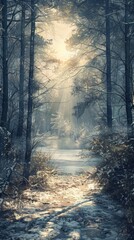 The sun shines through the trees in a snowy forest