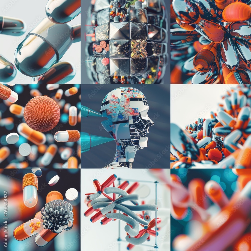 Poster an abstract depiction of cutting-edge biotechnology and artificial intelligence concepts, symbolizin