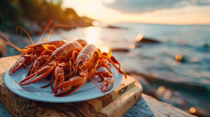 A plate of lobsters sitting on a wooden table