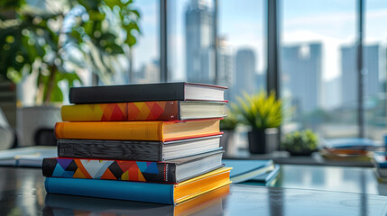 Stack of colorful books lies on table in office with large windows.