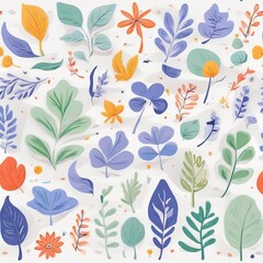 A collection of seamless pattern, colorful abstract plants and flowers. Hand drawn Collection of leaves and flowers. A close up of a pattern of flowers and leaves.
