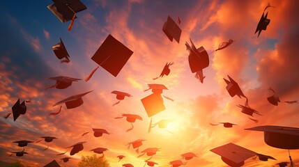 Dynamic sunrise graduation celebration illustration depicting the exuberance and triumph of academic accomplishments. - obrazy, fototapety, plakaty