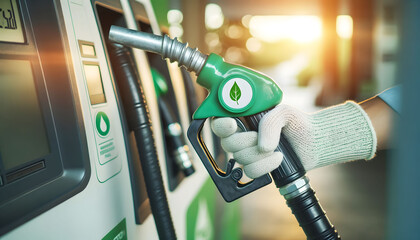Fuel dispenser, green leaf symbol, symbolizing eco-friendly gasoline or biofuel options. - obrazy, fototapety, plakaty