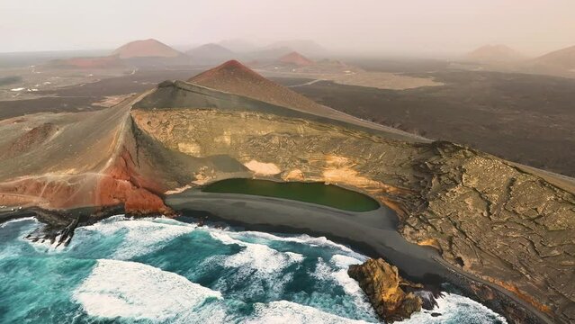 Aerial view of Volcanic Lake and beach in El Golfo, Lanzarote, Canary Islands, Spain