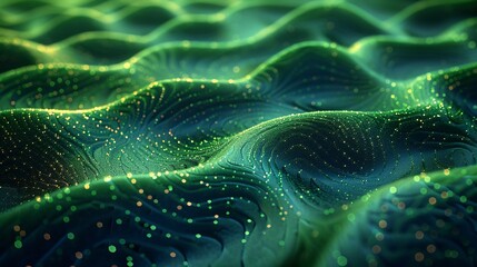 An abstract green and gold sparkling wavy landscape resembling a digital art depiction of northern lights