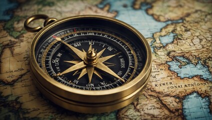 Fototapeta na wymiar Magnetic old compass on a world map