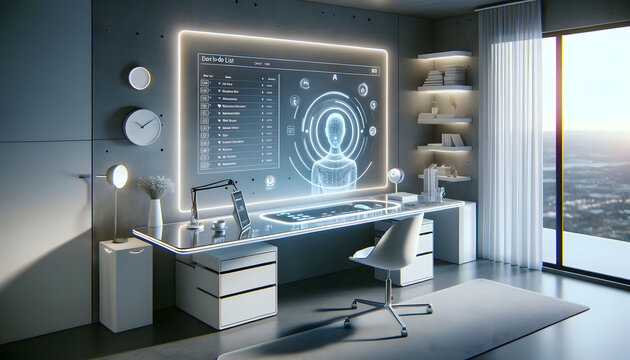 Ultra-modern, minimalistic workspace, holographic AI personal assistant.