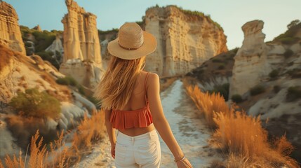 Woman in hat exploring majestic canyons at golden hour