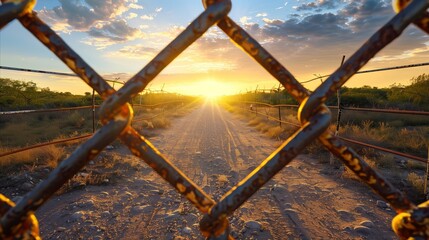 Sunset view through a rusty chain-link fence on a deserted road - Powered by Adobe