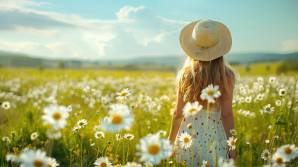 Serene image of a young girl from behind wearing a sunhat in a blossoming daisy field during golden hour