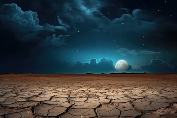 A full moon rising over a desolate landscape with cracked earth under a starry night sky, evoking a sense of wonder. Dramatic Moonrise over Cracked Desert Ground