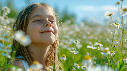 A young girl smiles with eyes closed, basking in a sunny field of daisies, conveying innocence and joy