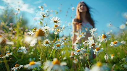 Artistic shot with a blurry girl amidst a vibrant field of daisies, depicting a dreamlike, carefree moment