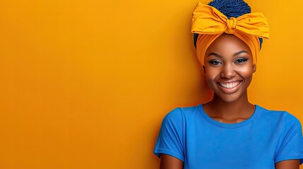Cheerful woman in blue shirt and yellow headscarf