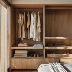 Obraz na płótnie Canvas An elegant minimalist wardrobe interior with clothes neatly hung and shelves stacked with linens, reflecting a sophisticated and clean aesthetic.