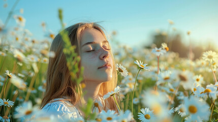 A contemplative young woman enjoys a peaceful moment in a flowering meadow during a sunset
