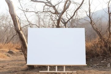 A blank white canvas on an easel stands in a barren outdoor landscape, ready for art. Blank White Canvas on Easel Outdoors