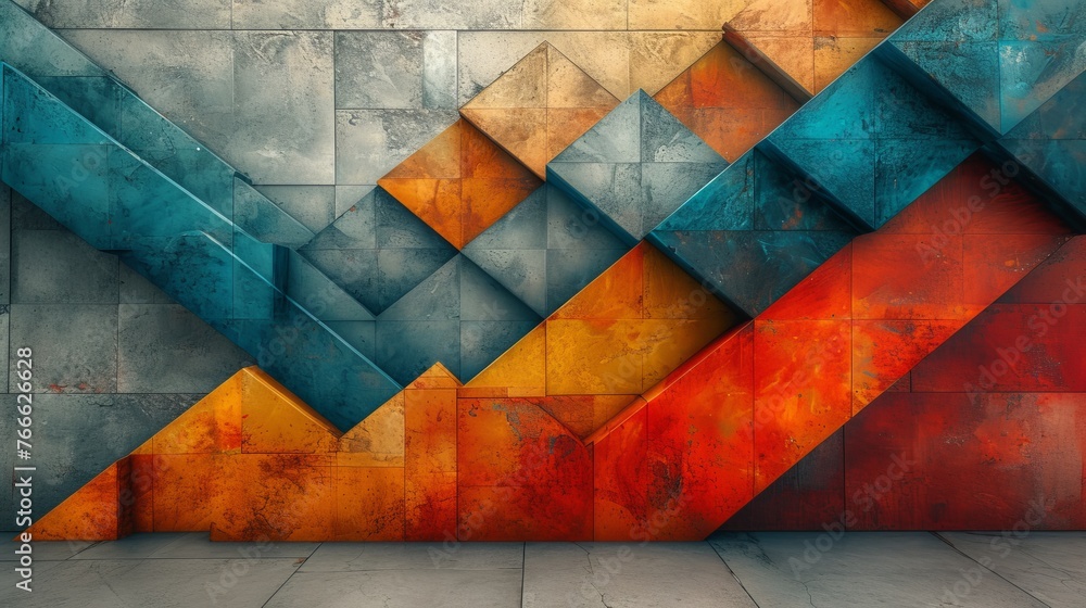 Poster a creative and colorful geometric abstract design on a textured wall, depicting a dynamic interplay 