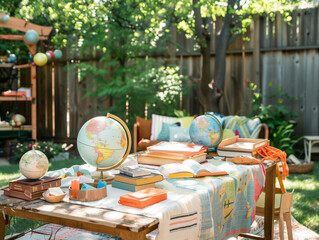 A cozy outdoor setup with a table covered in books, globes, and educational materials