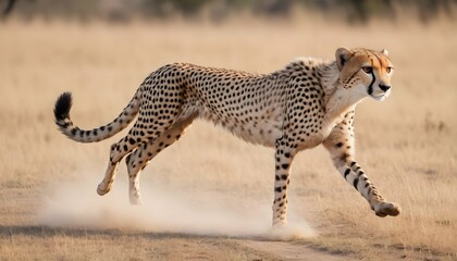 A Cheetah With Its Sleek Body Stretched Out In Fu - obrazy, fototapety, plakaty