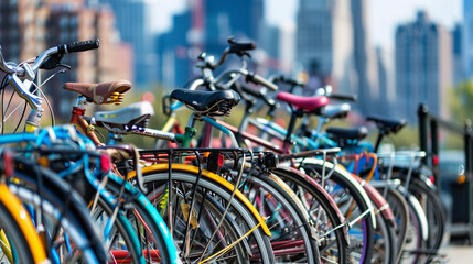 Fototapeta na wymiar Bicycles parked neatly in a row against a vibrant city backdrop, promoting eco-friendly commuting alternatives