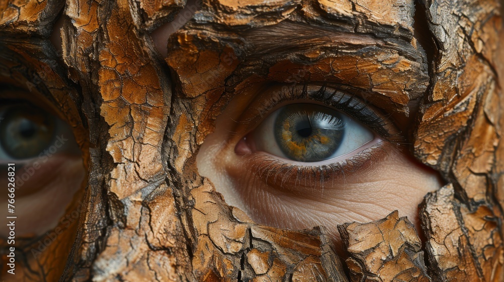 Poster Macro view of a human eye with a surrounding texture of tree bark, merging nature with human elements.