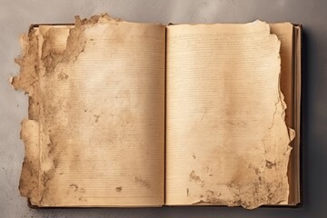 An open ancient book with tattered pages, evoking history and knowledge on a table. Weathered Antique Book Open on Table