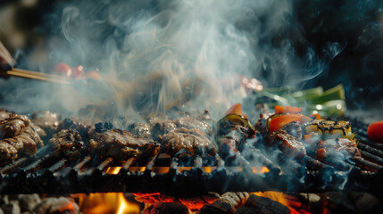 Flames and smoke rising from a barbecue grill as succulent meats and vegetables cook to perfection, evoking the irresistible aroma and flavor of summertime grilling