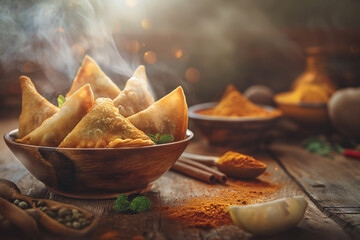 Golden Brown Samosas in a Rustic Bowl with Aromatic Spices and Herbs Around, Warm Atmosphere