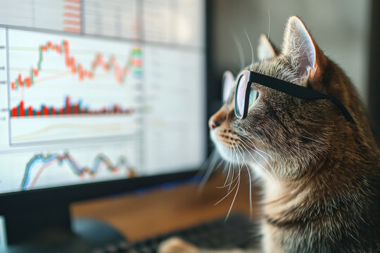 Domestic Cat Analyzing Financial Data on Computer Screens Wearing Glasses