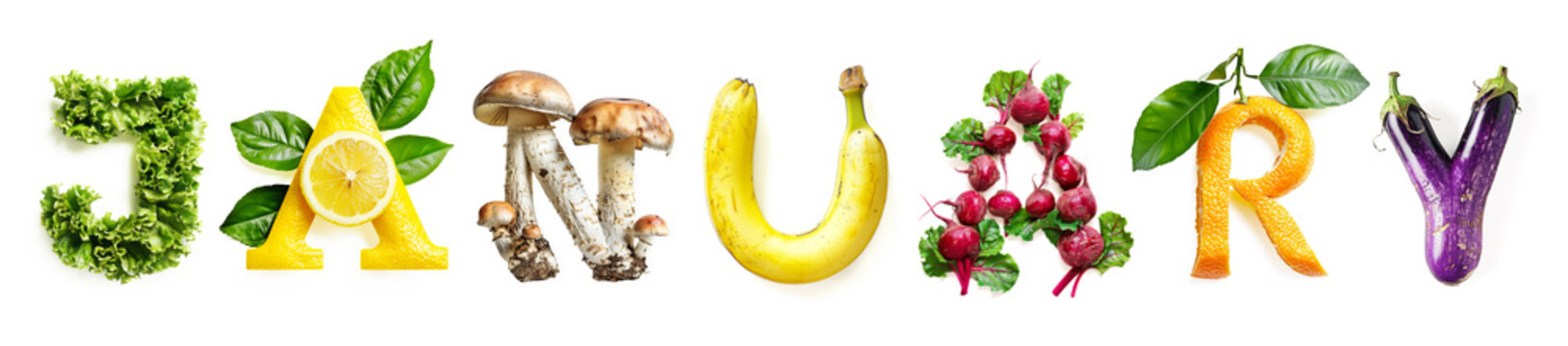 January Text Made of Fruits and Vegetables (Lettuce, Lemon, Mushrooms, Banana, BeetRoot, Orange, Aubergine) Isolated on White Background