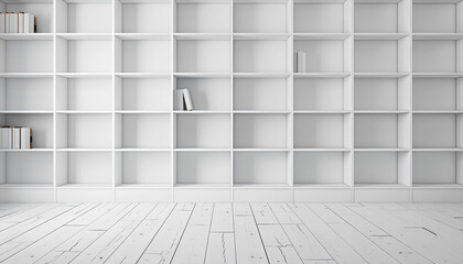 white wooden bookshelf in empty white roomon background