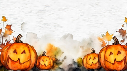 A painting of pumpkins with a spooky Halloween theme. - obrazy, fototapety, plakaty