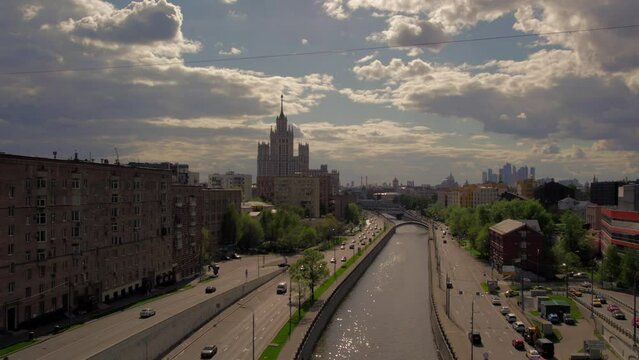 A captivating aerial view of Moscow's bustling city center and its picturesque surroundings, captured gracefully by a drone. The footage showcases iconic landmarks and urban landscapes